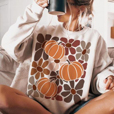 Boho Floral Fall Shirt Pumpkin Season T-Shirt Thanksgiving Autumn Vibes Sweatshirt Fall Pumpkin Clothing Unisex