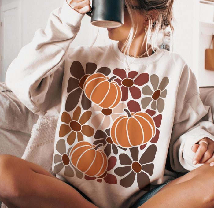 Boho Floral Fall Shirt Pumpkin Season T-Shirt Thanksgiving Autumn Vibes Sweatshirt Fall Pumpkin Clothing Unisex
