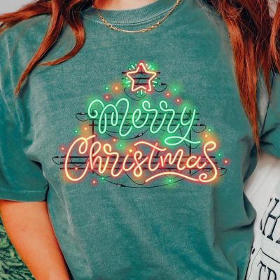 MERRY CHRISTMAS NEON T-SHIRT COMFORT COLORS T-SHIRT CASUAL SHIRT UNISEX CHRISTMAS CLOTHING GRAPHIC APPAREL HOLIDAY SHIRT Cotton Fabric