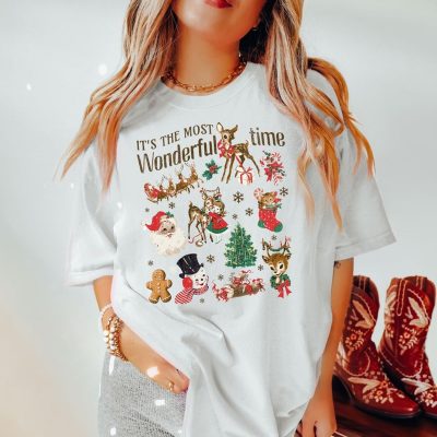 Christmas Shirt Vintage Christmas doodle Shirt Retro Christmas Holiday Apparel Santa Snowman Reindeer tee Its the most Wonderful time