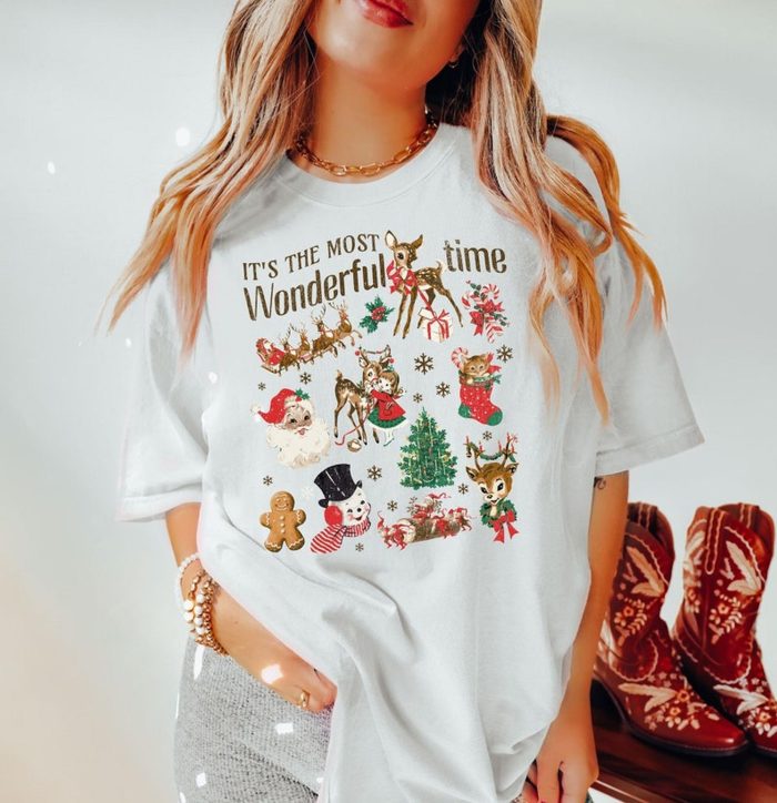 Christmas Shirt Vintage Christmas doodle Shirt Retro Christmas Holiday Apparel Santa Snowman Reindeer tee Its the most Wonderful time