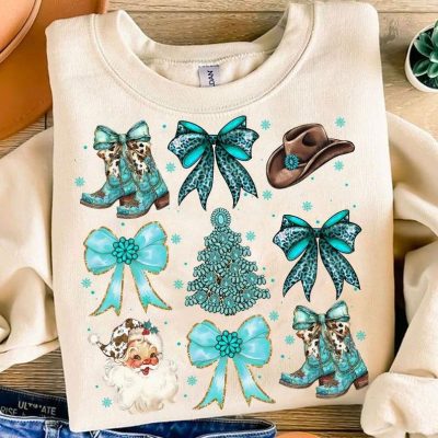 Western Christmas Coquette Shirt Western Gem Stones Cow Bows Santa Cowboy Boots Gingerbread Shirt Christmas Mama Shirt