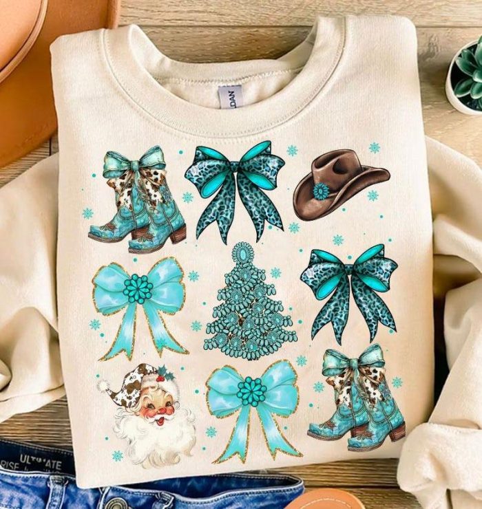 Western Christmas Coquette Shirt Western Gem Stones Cow Bows Santa Cowboy Boots Gingerbread Shirt Christmas Mama Shirt